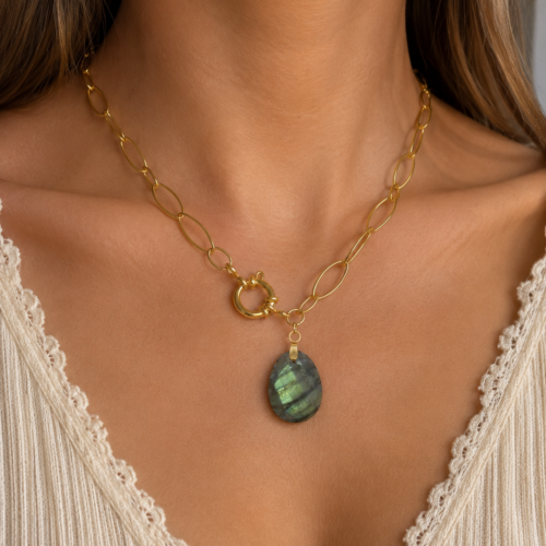 Collier mailles ovales et pierre Labradorite – PIECE UNIQUE